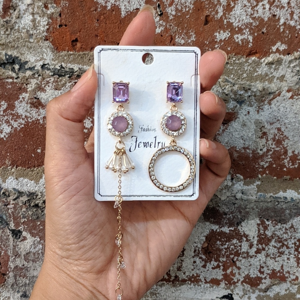 NWT Purple Crystal Trendy Mismatched Earrings